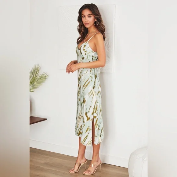 (6800-GRN) BRUSHSTROKE PRINT CAMI SLIP DRESS - Picture 2 of 3